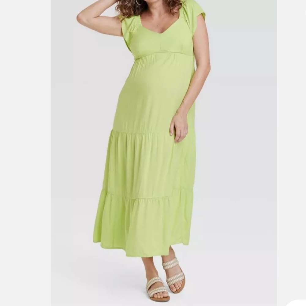 NEW Isabel Maternity Lime Green Tiered Midi Flutter Dress